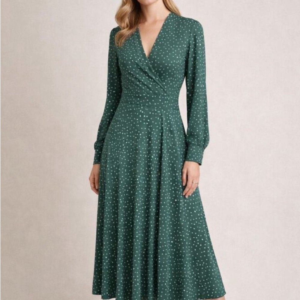 Boden Green Polka Dot Faux Wrap Midi Dress Long Sleeve | US 4R Surplice V-Neck